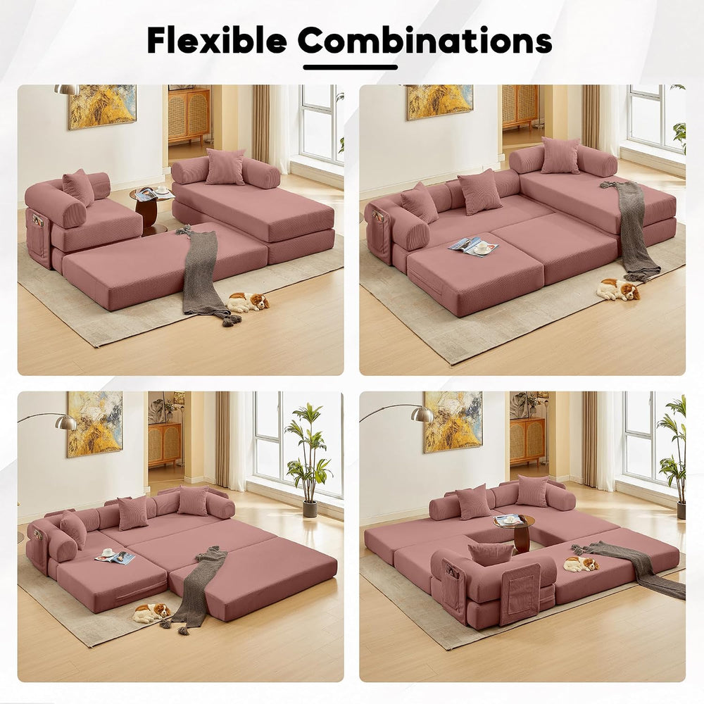 107" Modular Sectional Sofa Bed, L-Shape Corduroy Boneless Couch, Pink