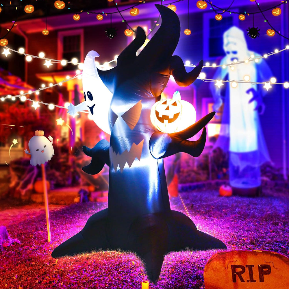 6ft Haunted Tree Inflatable Ghost & LED Pumpkin, Halloween Yard Decor