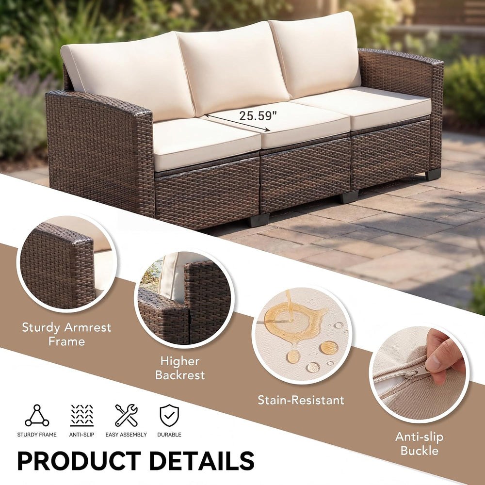 Devoko Patio Sofa,Wicker Outdoor Couch 3 Seater with Anti-Slip Cushions &...