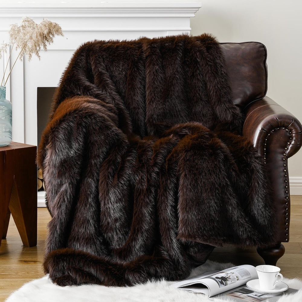 Battilo Faux Fur Throw Blanket, Luxury Fluffy Brown Blankets, 50"x60"