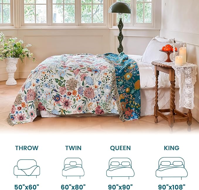 MSGKV Boho Throw Blanket 60"x80" Bed Floral 100% Cotton Blanket Spring
