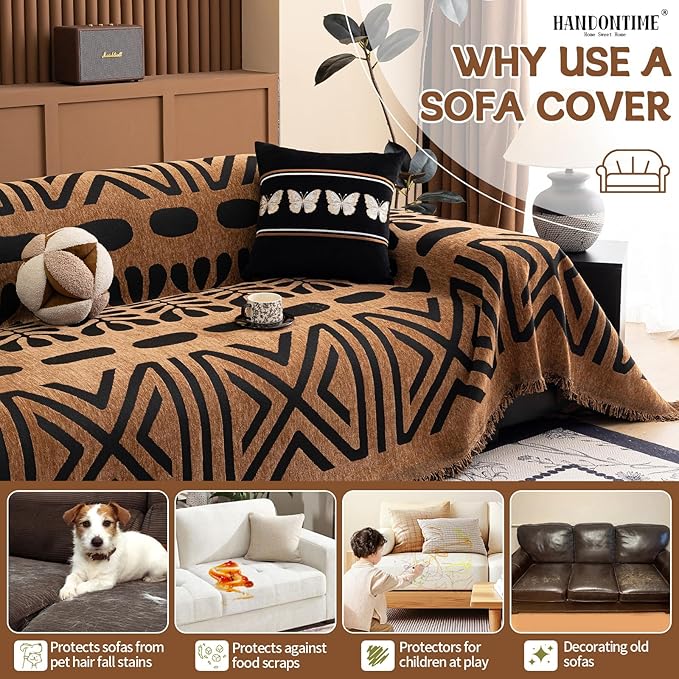 HANDONTIME Boho Couch Cover Geometric Striped Pet Covers