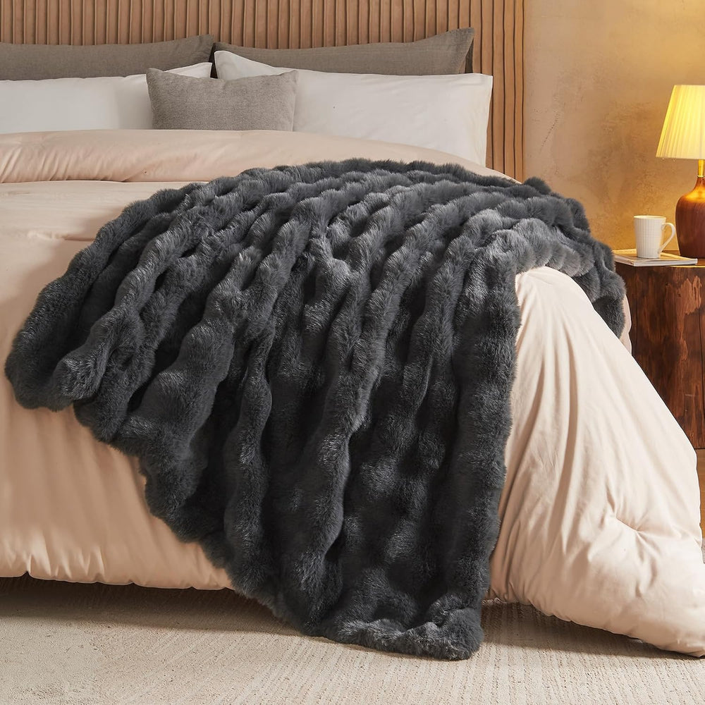 Lotus Karen Queen Size Faux Fur Blanket Dark Gray - Big Bubble Rabbit Fluff T...
