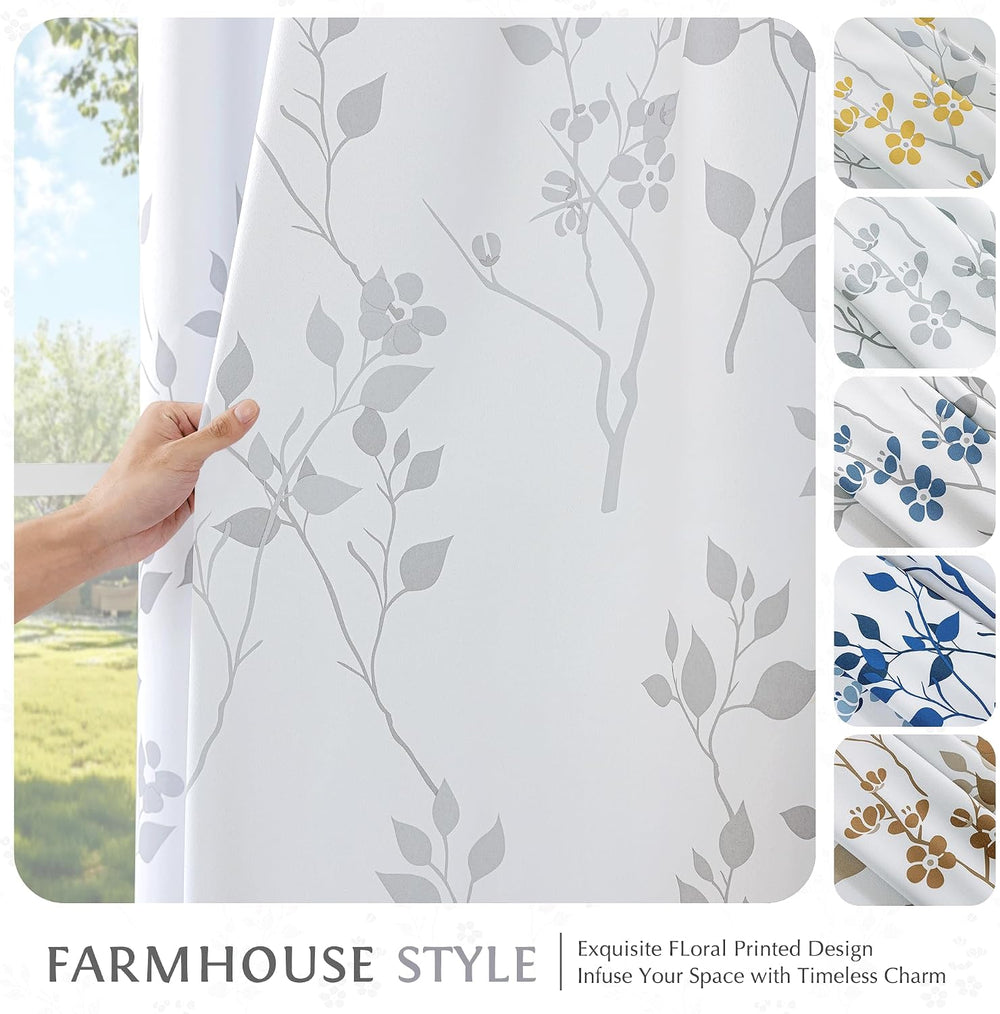 Beauoop Floral 100% Blackout Curtains for Bedroom Grey White 52X84 2 Panels