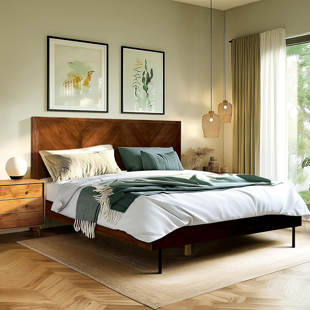 Acacia Alander Bed Frame with Headboard Bed Frame Queen Size Solid Wood Platf...