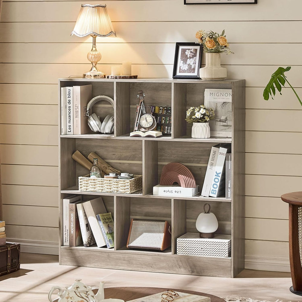 LEYAOYAO 8 Cube Bookshelf with Base,3 Tier Mid-Century Modern Grey Bookcase,S...