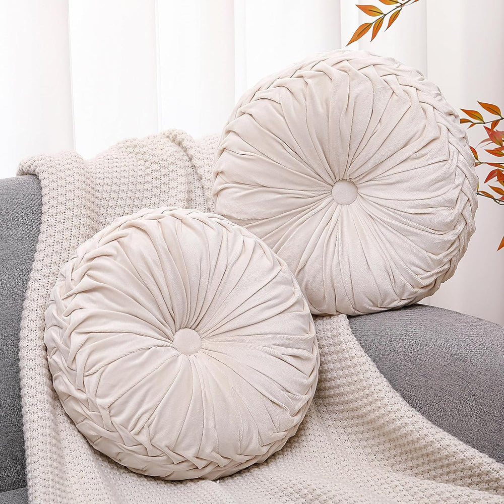 Beeveer 2 Pcs Round Throw Pillows Velvet Pleated Pillows, Ivory