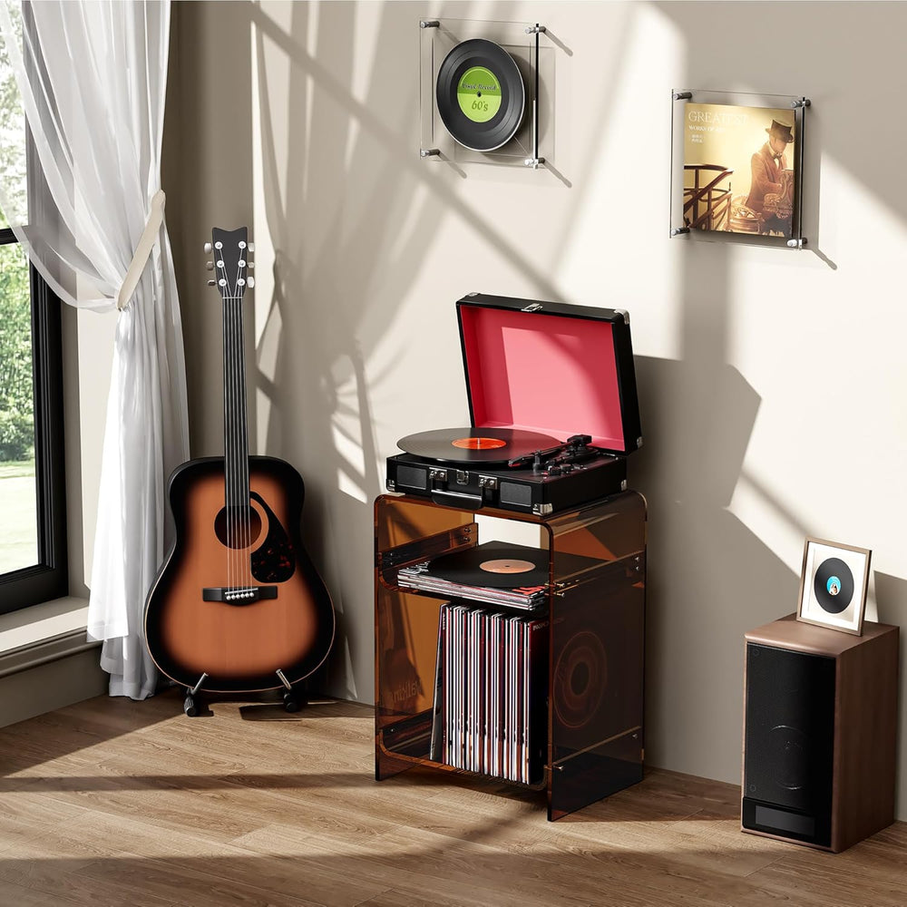 Acrylic Record Player Table with Storage Shelf, Clear Side Table Nightstand (...