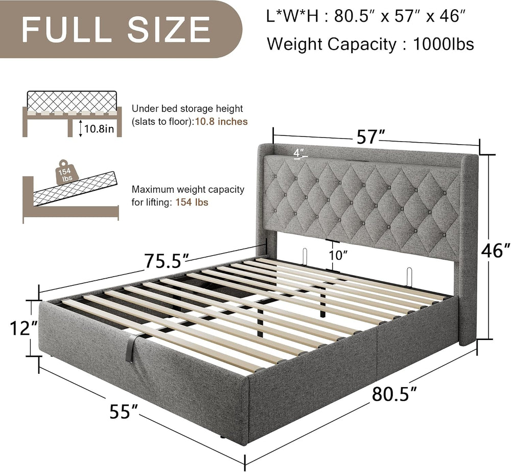 Einhomn Full Size Lift Up Storage Bed Frame with Charging Station, Upholstere...