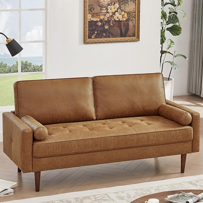 HIFIT 68" Faux Leather Couch Mid Century Modern Sofa Couch w/Tufted Deep Love Seat, 2 Pillows & Solid Wood Frame, Home Sofa Living Room Small Couches for Small Space, Bedroom, Office, Apartment, Brown