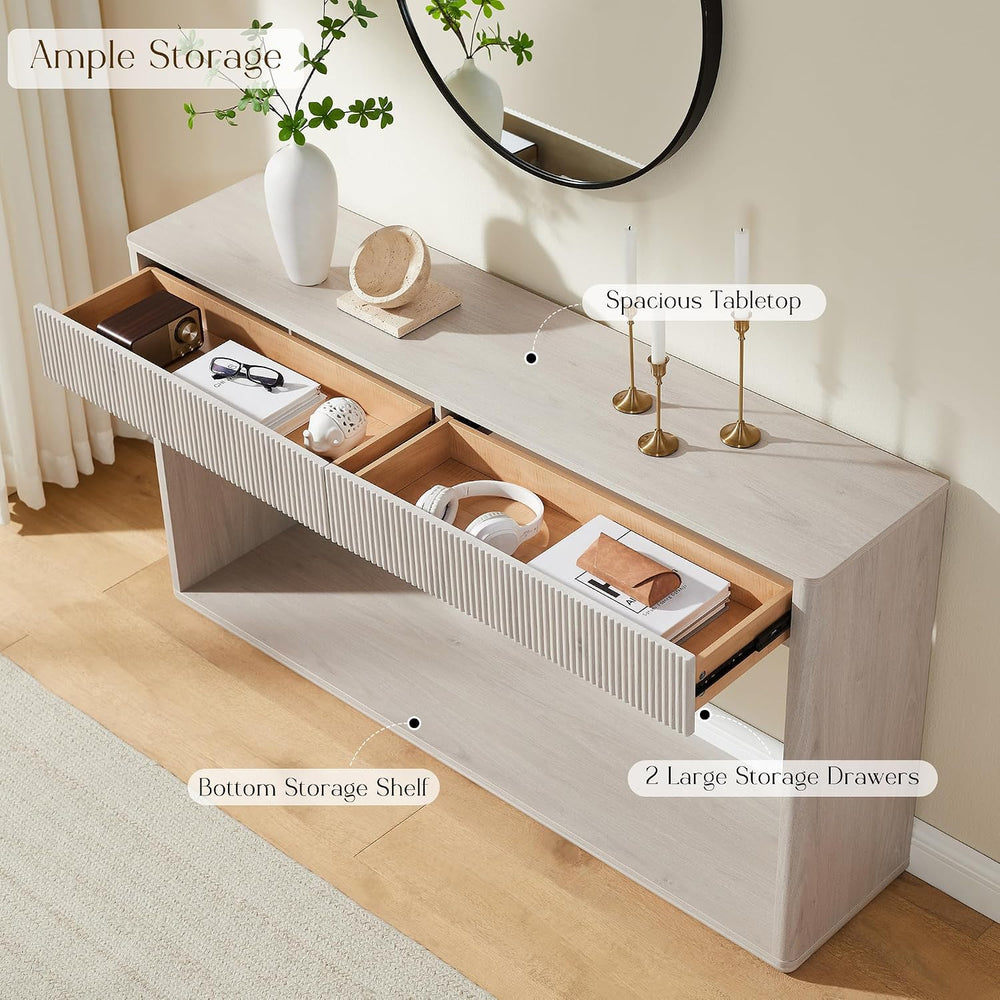 OKD 63" Fluted Console Table for Entryway with 2 Large Drawers, Alder White