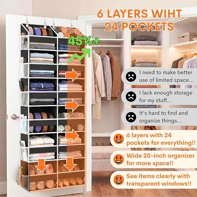 Over The Door Organizer 6 Tiers, Extra Large Behind Door Storage of 12