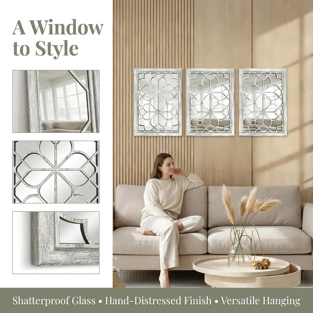 Set of 2 19x26 Inch Large Grey Shatterproof Rectangular Wall Mirrors, Boho Ru...