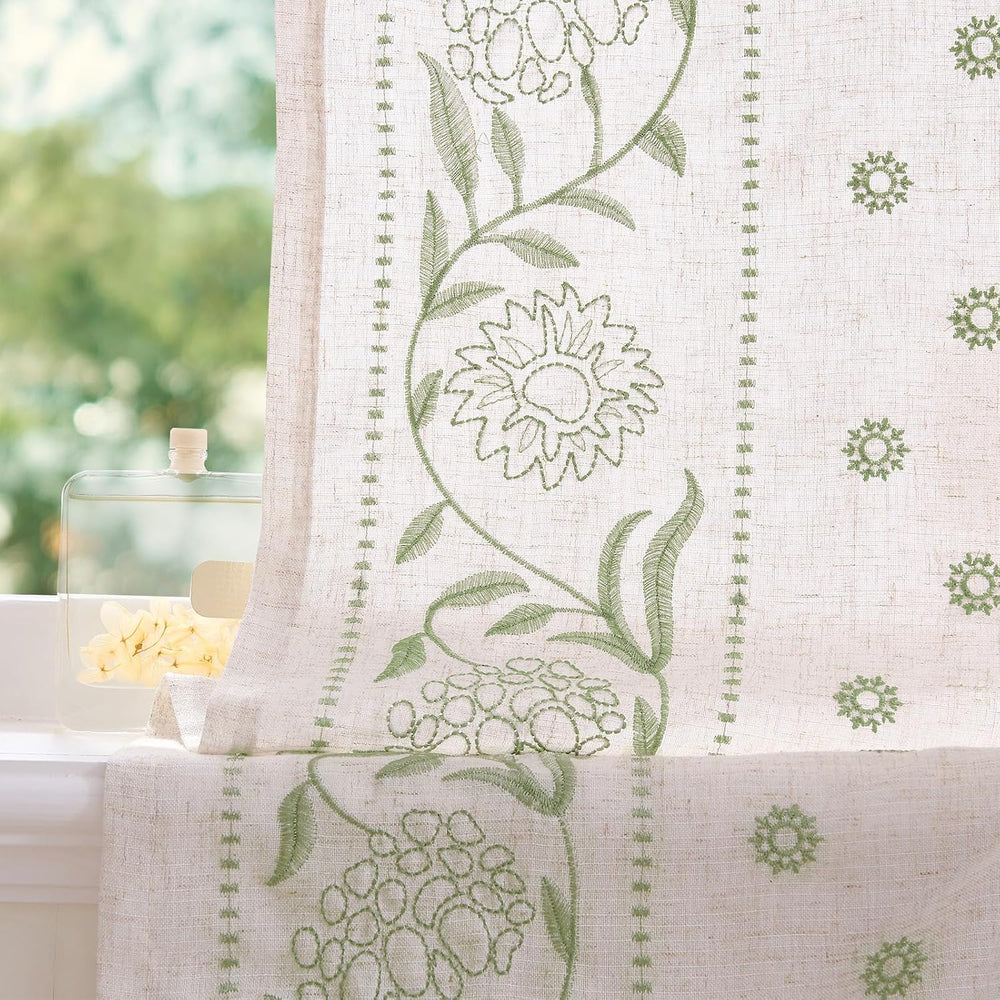 JINCHAN Green Floral Linen Kitchen Tier Curtains 45 Inch Back Tab 2 Panels