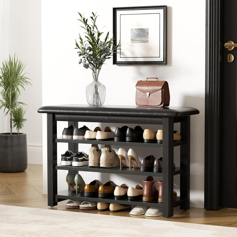 Shoe Rack Bench with Leather Cushion 3-Tier Shoe Rack Organizer for Entryway ...