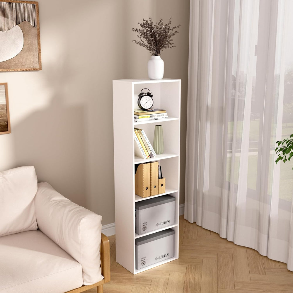 Wooden 5 Cube Storage Organizer, White 5 Tier Bookcase Bookshelf Freestanding...