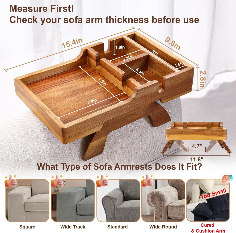 Couch Armrest Table, Acacia Wood Sofa Arm Table with 2 Cup Holders, 15.4"...