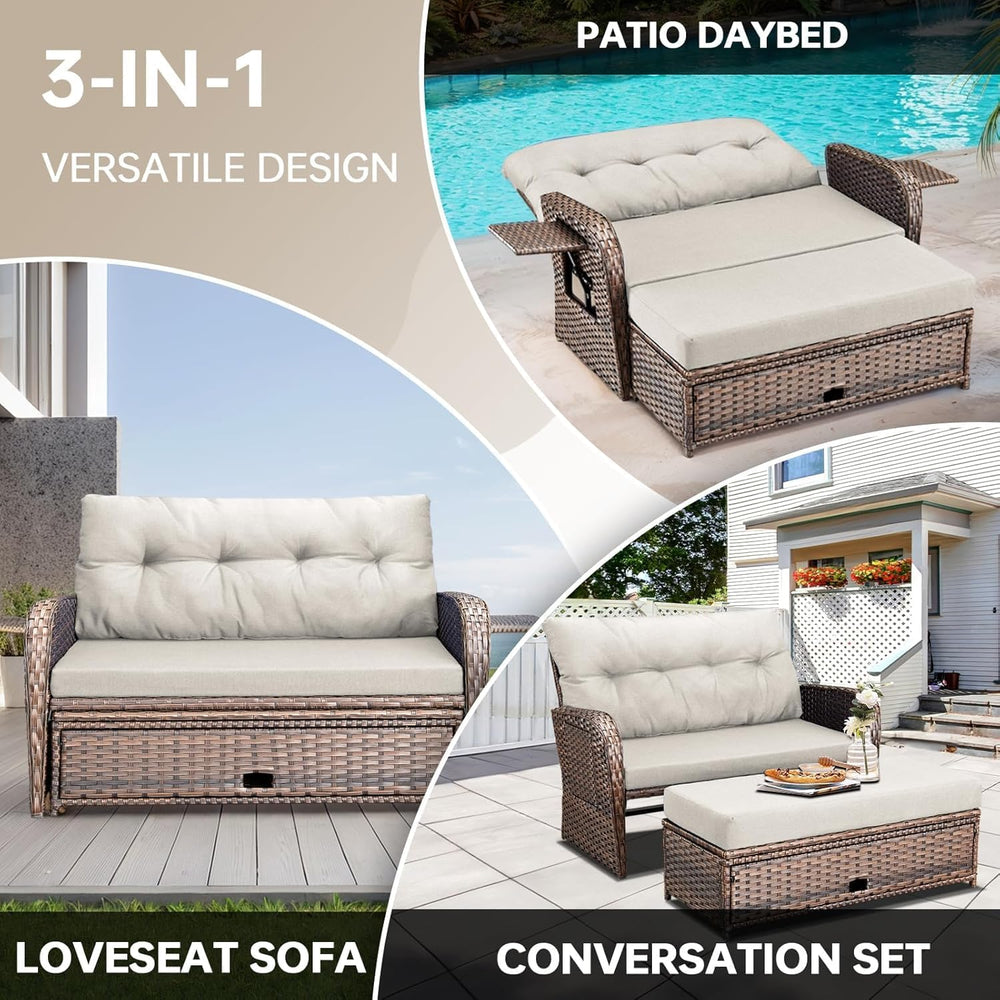 Outdoor Daybed, Patio Daybed Wicker Recliner for Two with Multifunctional Rec...