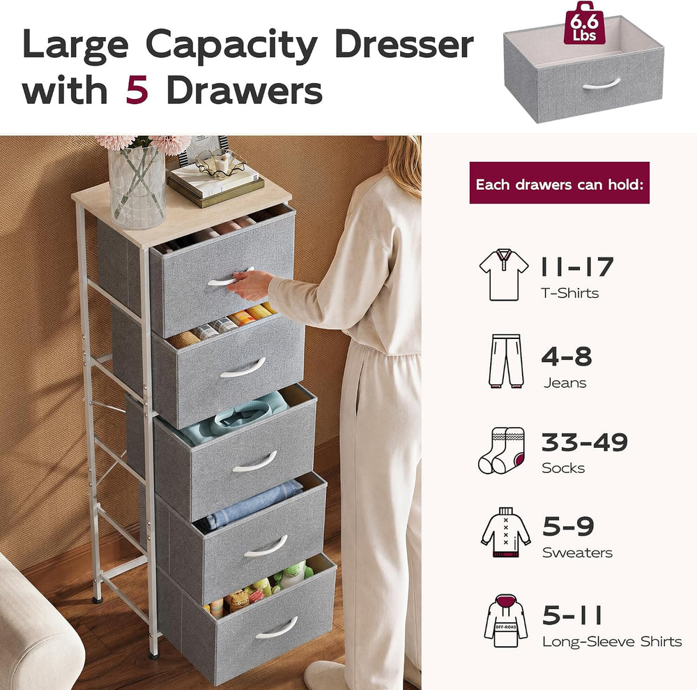 WLIVE Tall Dresser for Bedroom, 5 Drawer Dresser, Light Grey