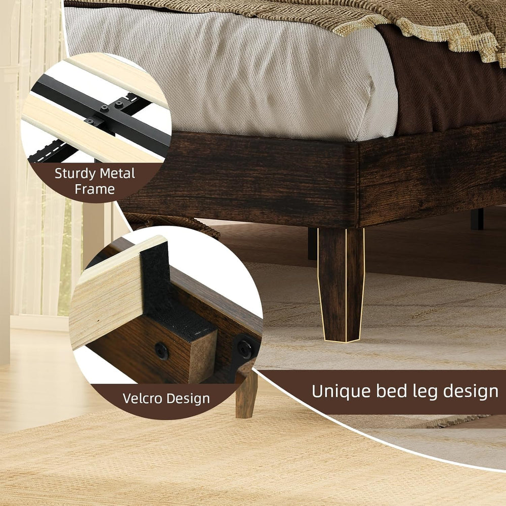 Wood Queen Bed Frame with Diamond Tufted Upholstered Headboard, Walnut