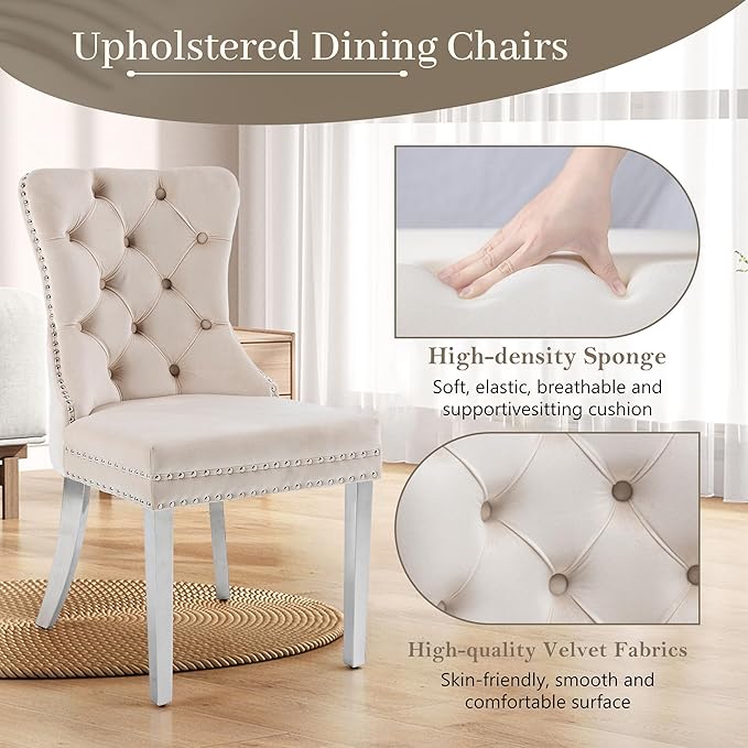 KCC Velvet Dining Chairs Set of 2, Upholstered High-end Tufted Dining Room Ch...
