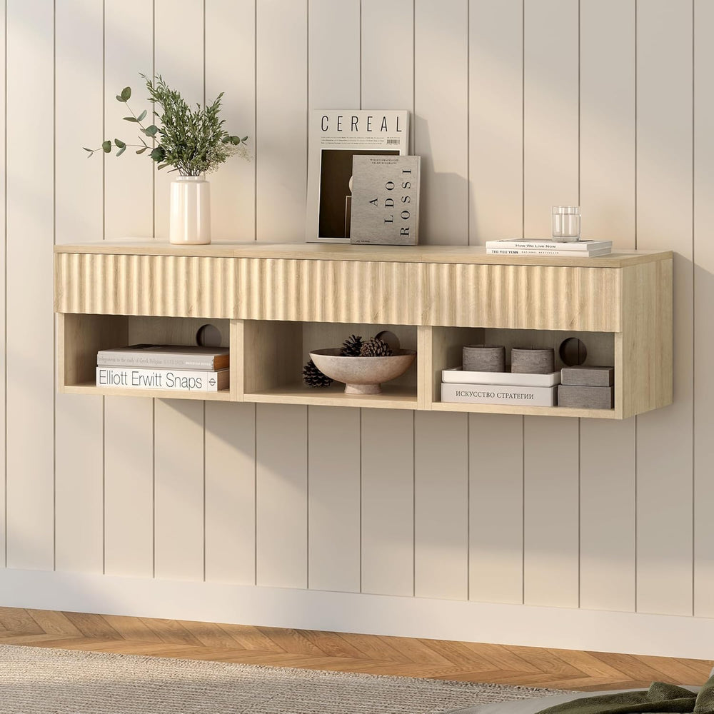 Floating Nightstand Set of 2 with Drawer, Fluted Modern Night Stand with Flut...