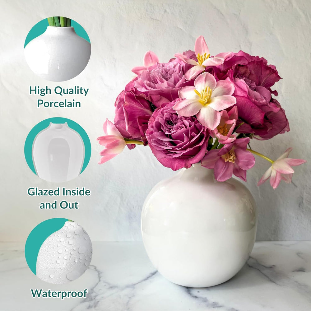 Willowy 7.5 Inch Large White Ceramic Vase with Glossy Finish - White Vases fo...