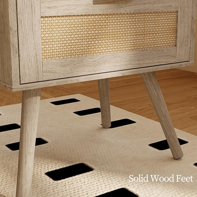Rattan Nightstand with Charging Station,Farmhouse Bedside Table with 2 Storag...