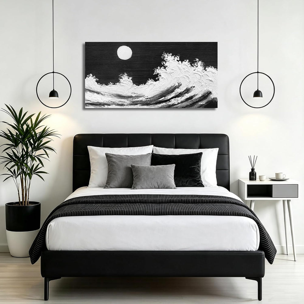 HUBOSKN Wave Painting Wall Art for Office Black White Decor for Bedroom 24 X ...