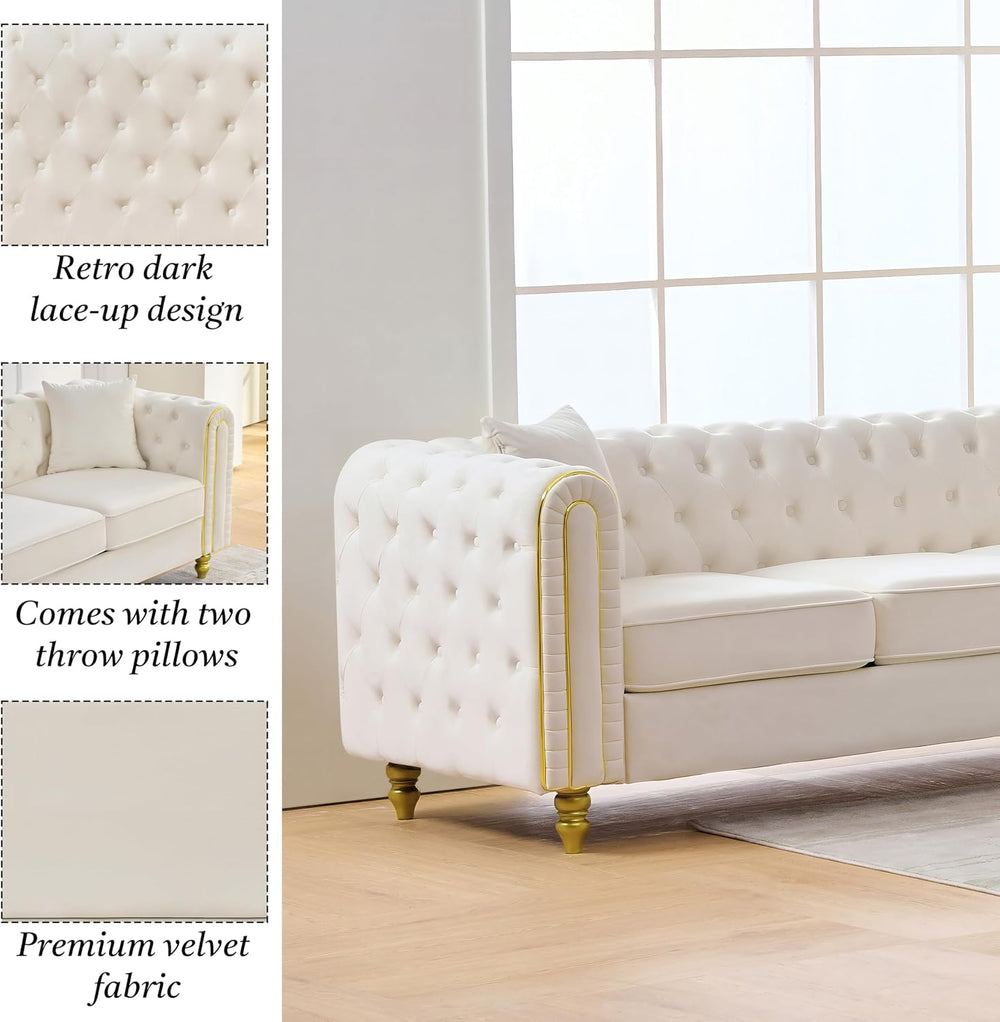 Chesterfield 86" 3-Seater + 63" Loveseat White Velvet Sofa Sets, 3+...