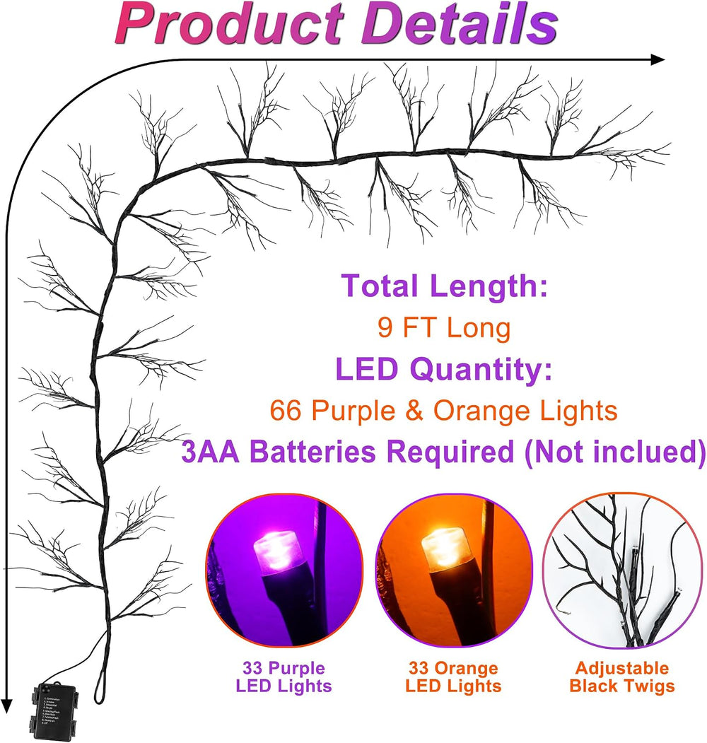 9 FT Halloween Lighted Twig Garland Decorations, 72 LED Orange Purple Lights ...