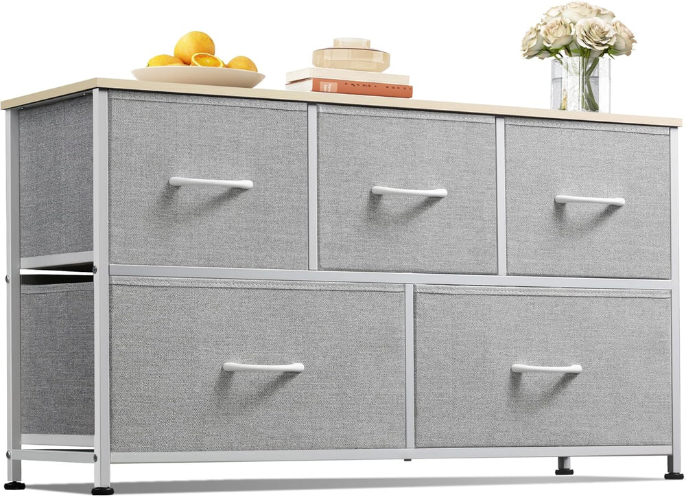 WLIVE Dresser for Bedroom, Wide Dresser with 5 Fabric Drawers, Light Grey