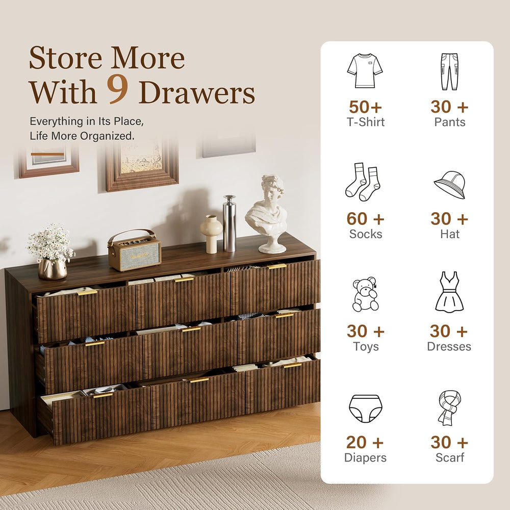 Furniway Walnut 9 Drawer Dresser for Bedroom, 63" Wide Fluted Wood Dresser