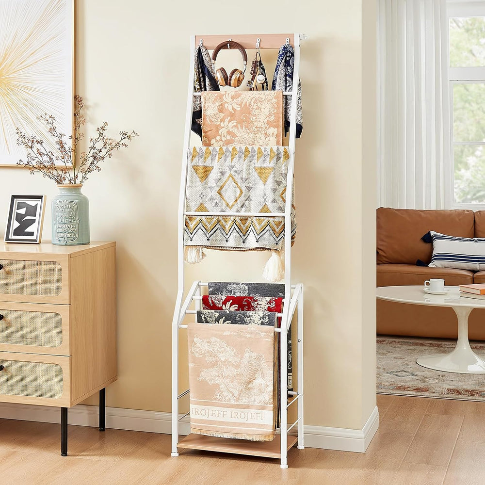 Pinzoveco Blanket Ladder, 7 Tier Wooden Ladder Shelf with Hooks 5.5ft White |...