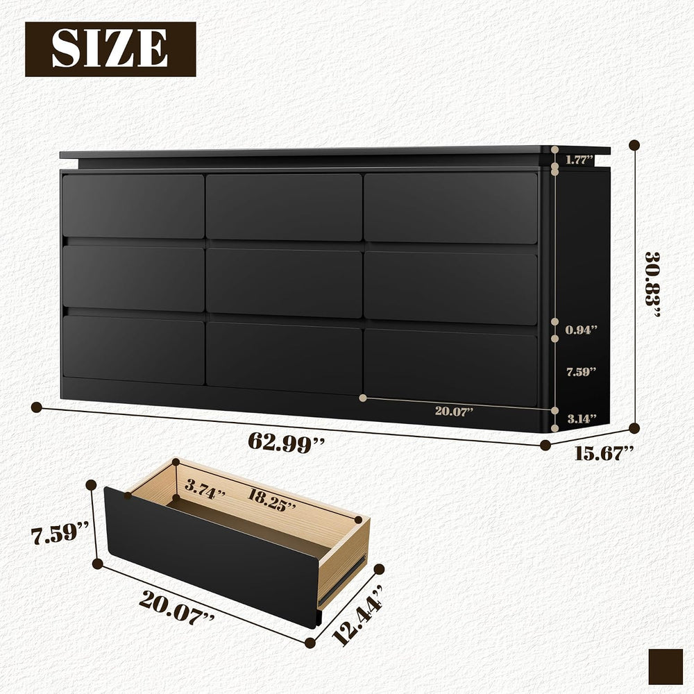 9 Drawer Dresser for Bedroom,62.99" Long Black Chest of Drawers w/LED Light