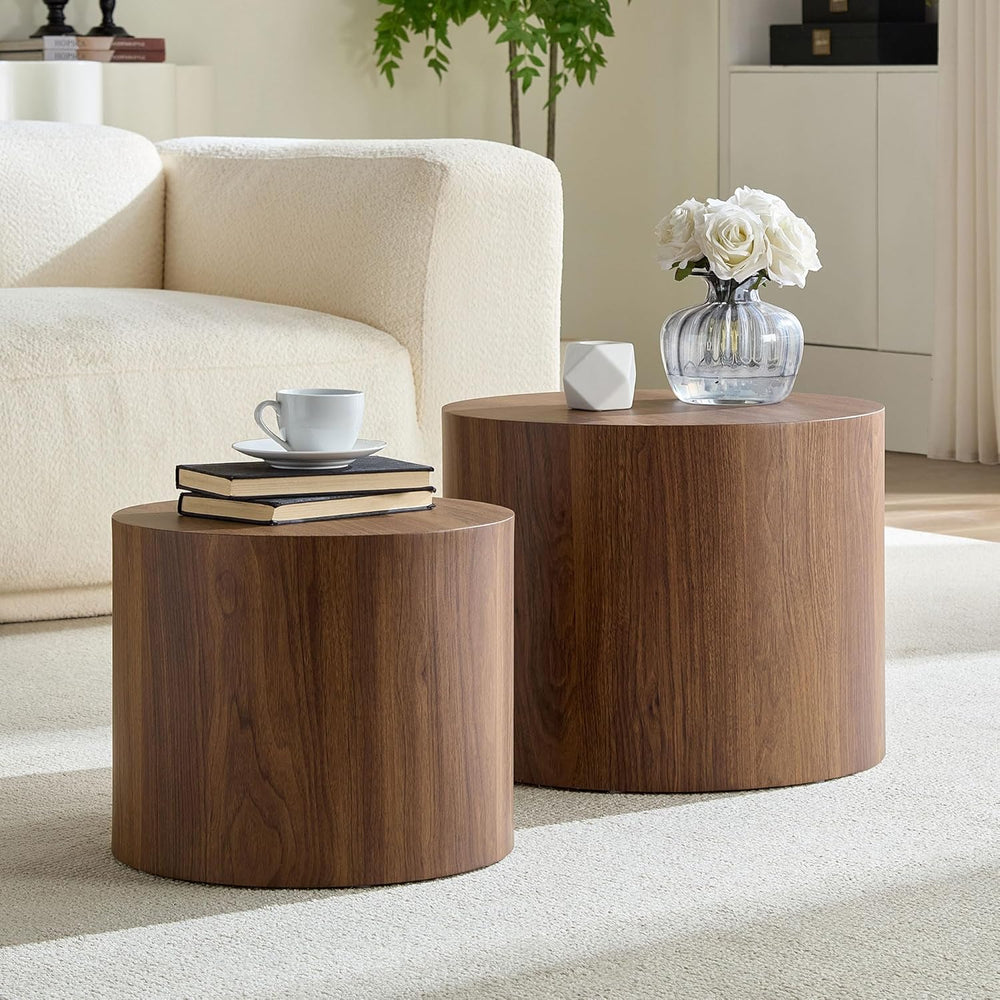 Round Coffee Table Set of 2, Nesting Coffee Table and End Table Set Wood Smal...