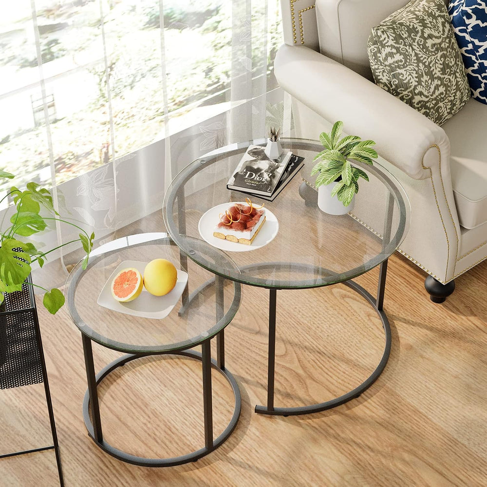 Nesting Coffee Table Set of 2,Modern Black Tempered Glass Side Table, Metal F...