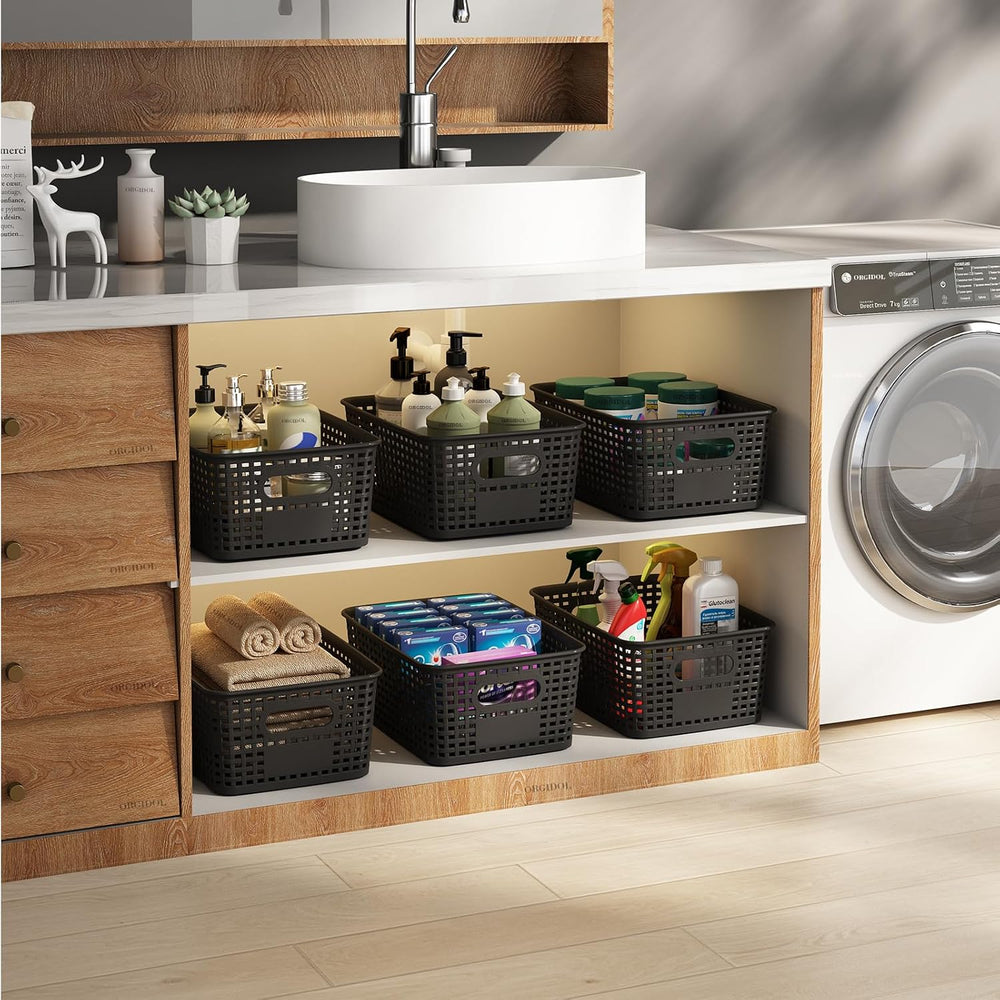 ORGIDOL Black Plastic Storage Baskets for Organizing, 12 Pack