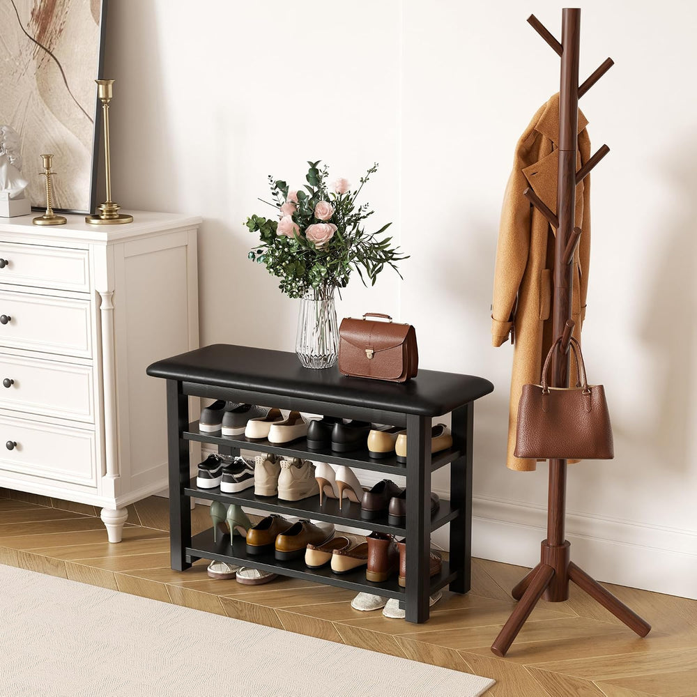 Shoe Rack Bench with Leather Cushion 3-Tier Shoe Rack Organizer for Entryway ...