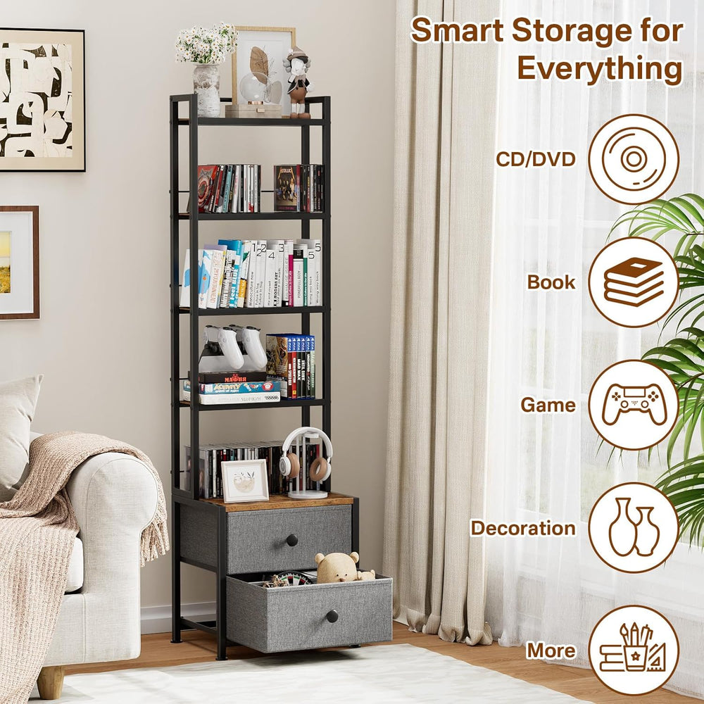 CD Storage Rack with Drawer, 5-Tier DVD Organizer Shelf w/Adjustable Book Sto...