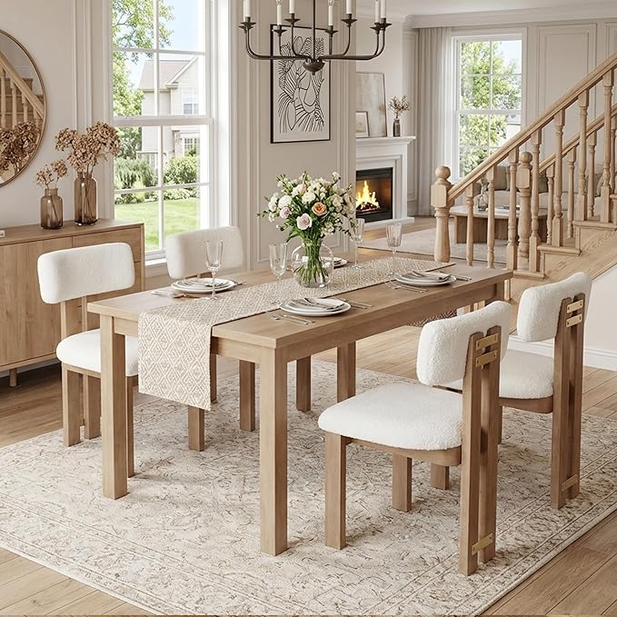 HNY Modern Farmhouse Boucle Sherpa Dining Chairs Set of 2, White Fabric Uphol...