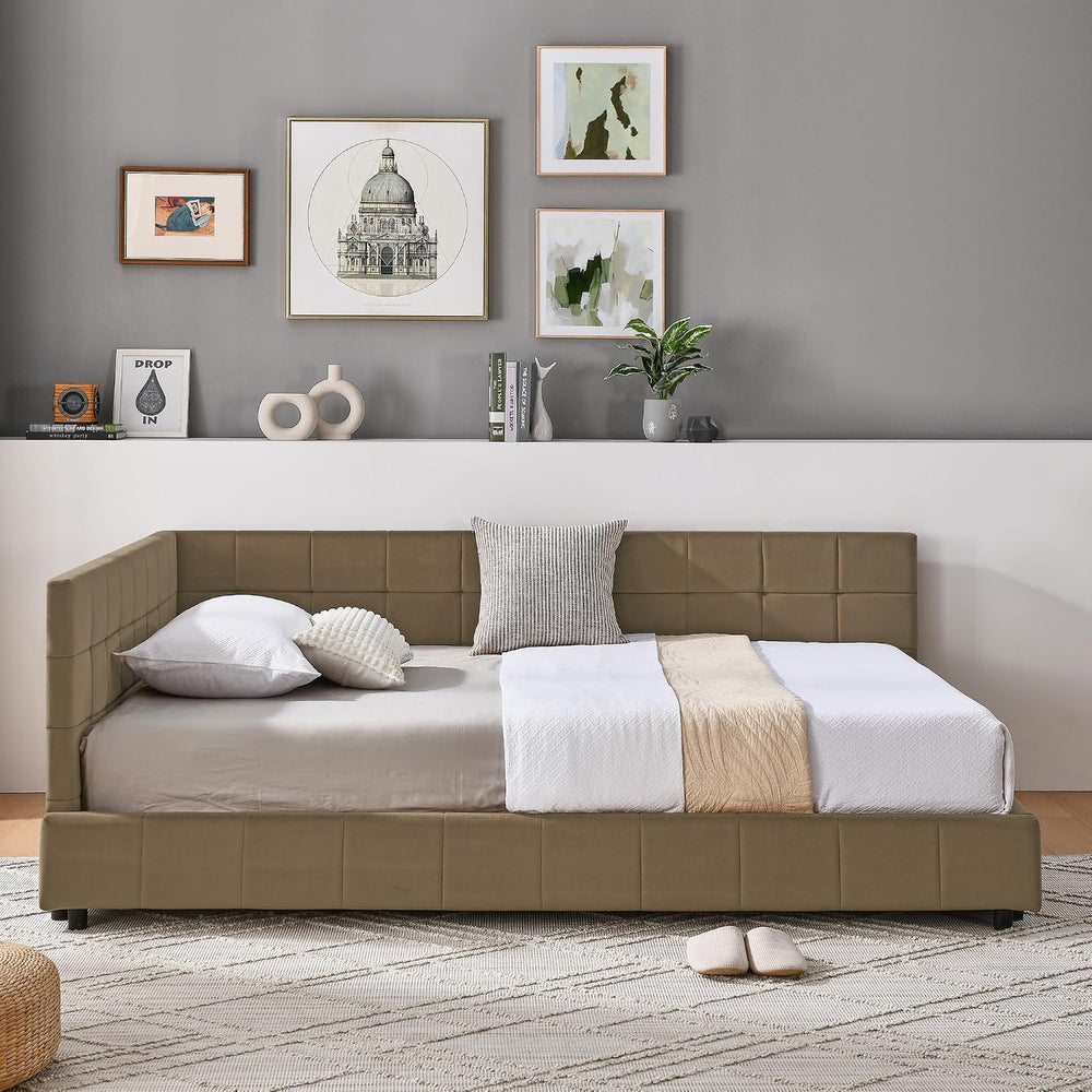 RuiSiSi Full Size Corner Beds, Upholstered Daybed with L Shaped Headboard, Ve...