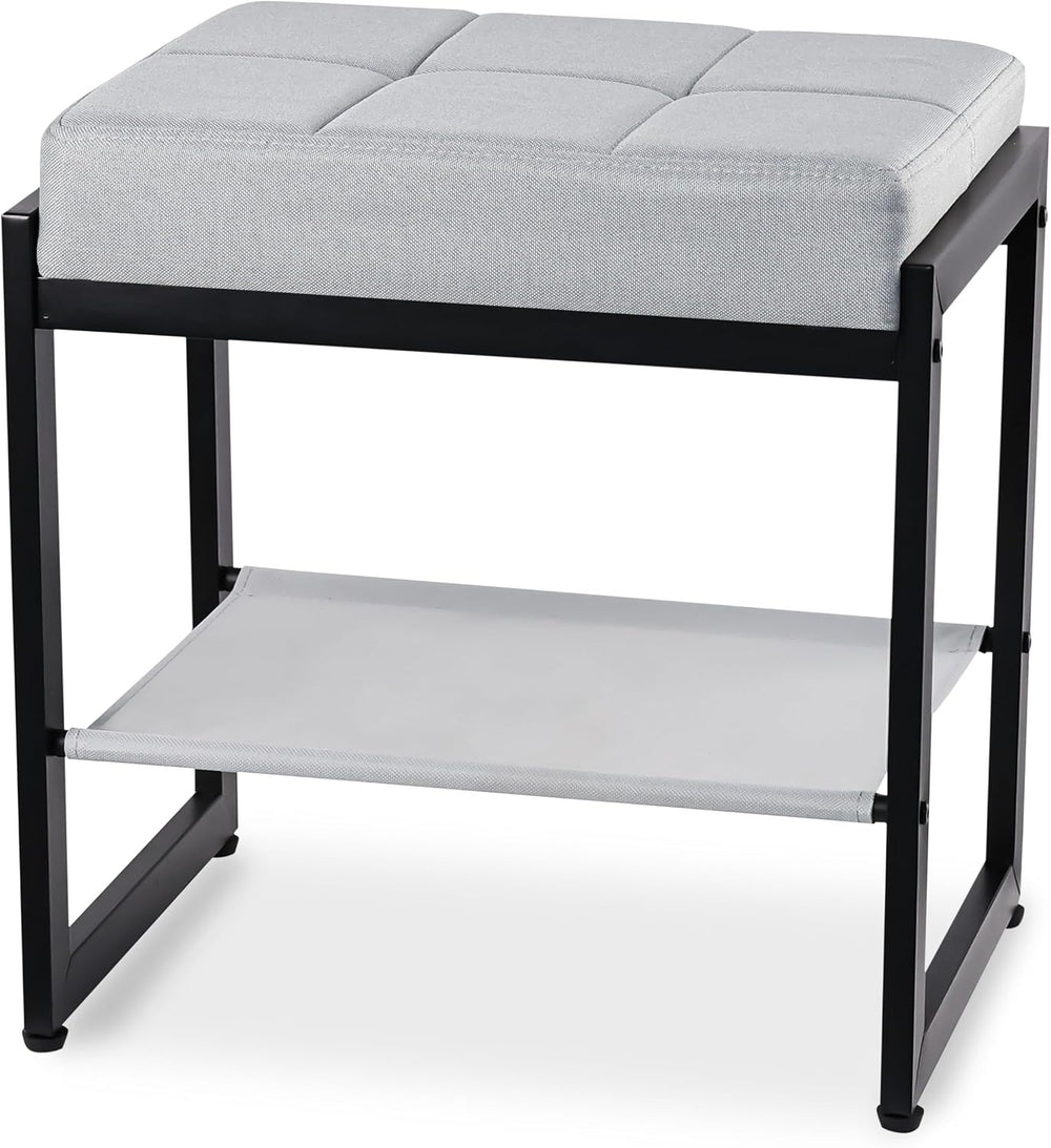 Vanity Stool, Vanity Chair Stools with a Lower Storage Shelf, Square Linen Up...