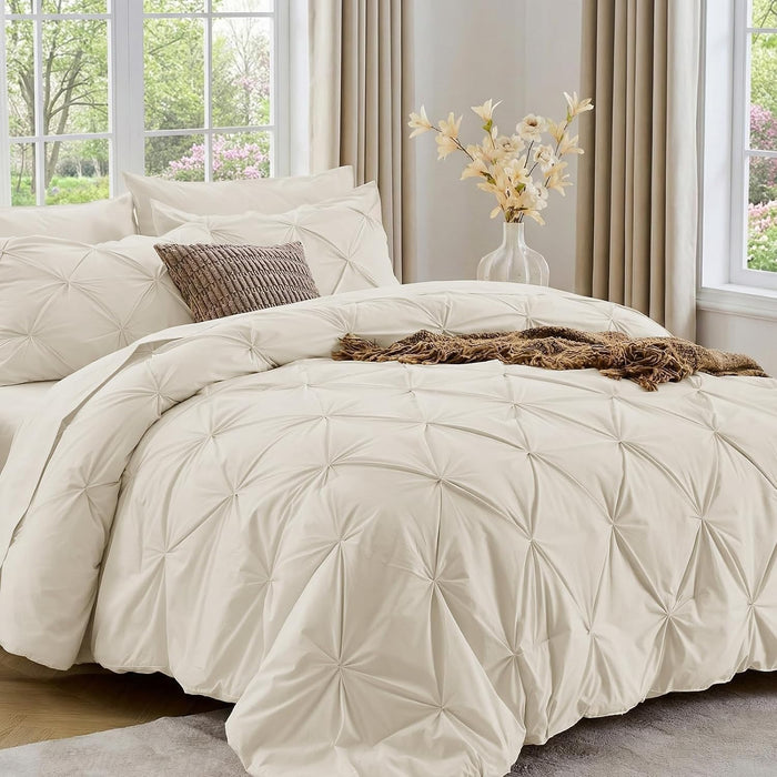 Sasttie Queen Comforter Set, 7-Piece Bed in a Bag, Pintuck Bedding Sets for All Season, Includes Comforter, Flat Sheet, Fitted Sheet, Pillowcases and Pillowshams, Beige