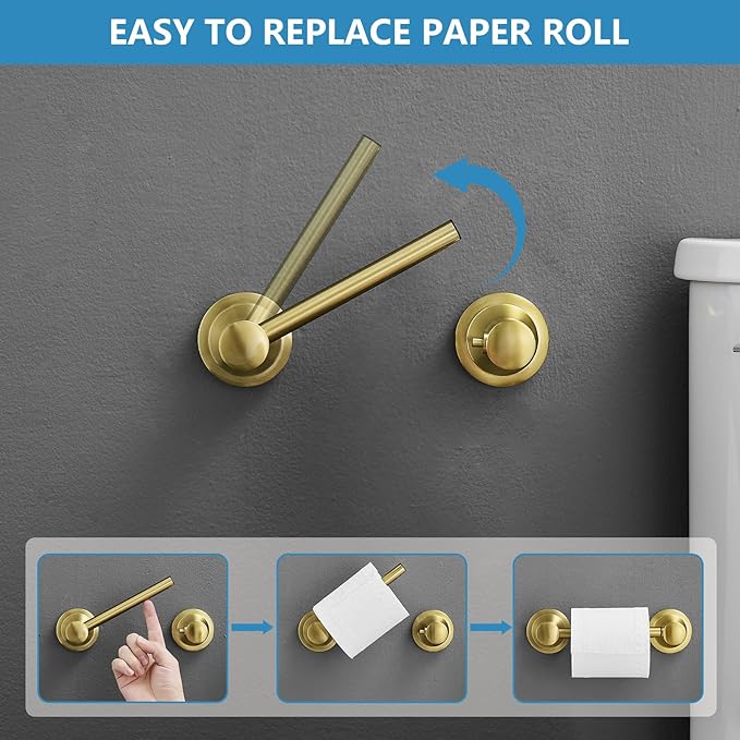 RUMOSE Toilet Paper Holder and Hand Towel Ring Brushed Gold Wall Mount Bathroom