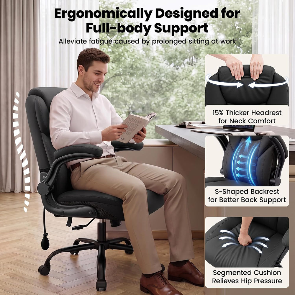 Ergonomic Leather Office Chair with Inflatable Lumbar Support, Black