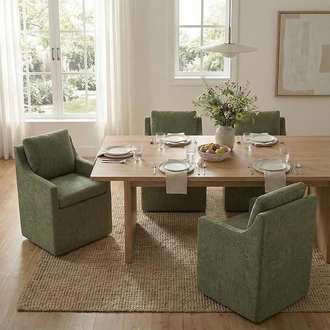 Upholstered Dining Chairs Set of 2, Modern Dining Room Chairs with Casters &a...
