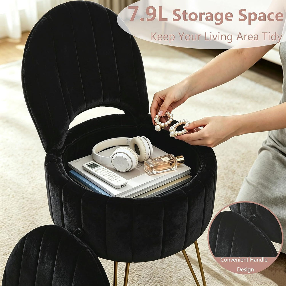 Garvee Vanity Stool Chair with Storage, Folding Back,Faux Fur,Black,Small