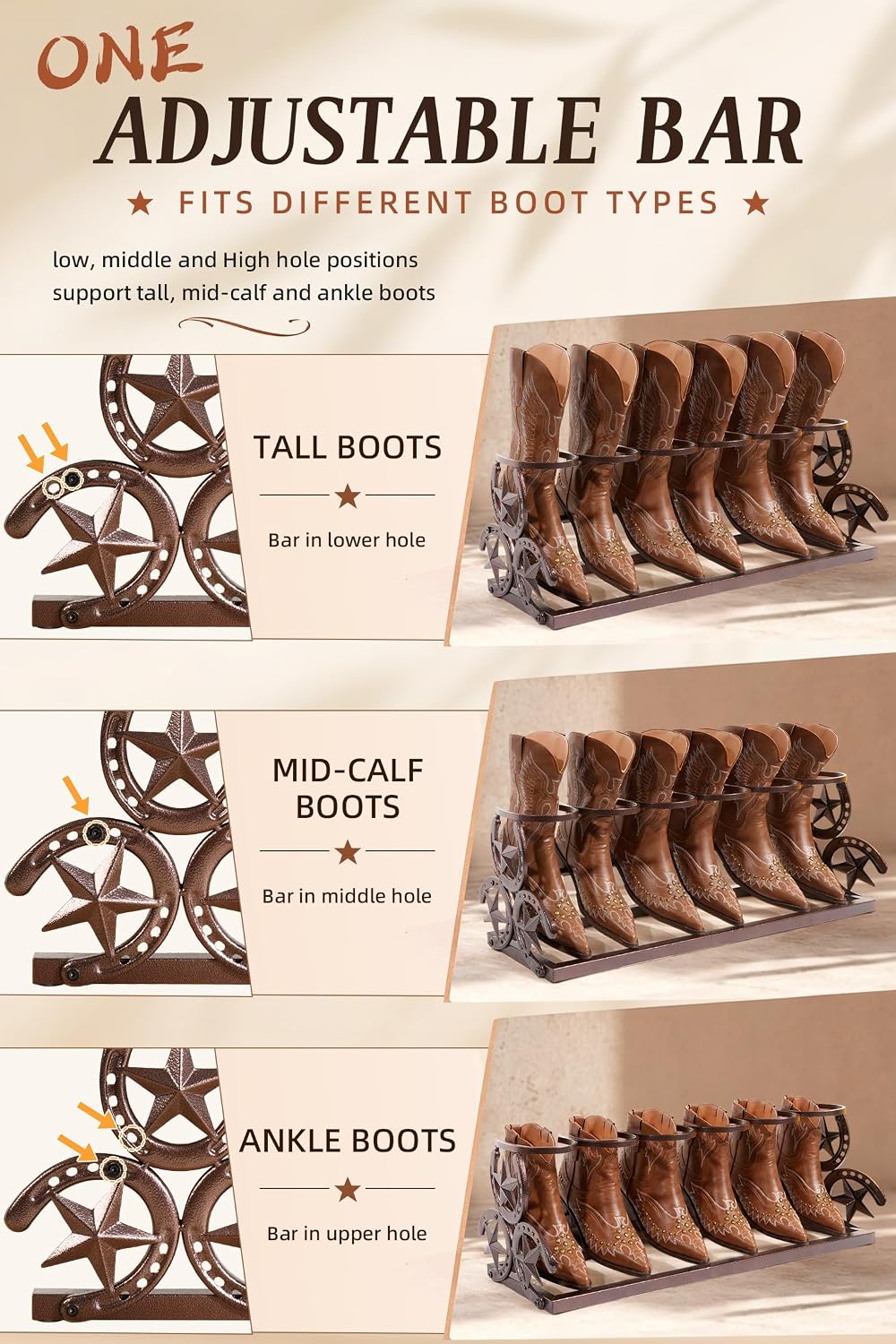 Western Horseshoe Boot Rack, 3 Pairs Freestanding Metal Boot Stand, Bronze | ...