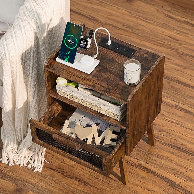 Lerliuo Rattan Nightstands Set of 2 with Charging Station, Boho Side Table wi...
